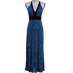 Blue Brown Halter Maxi Dress Medium‎ Empire Waist Babydoll Low Back Geometric